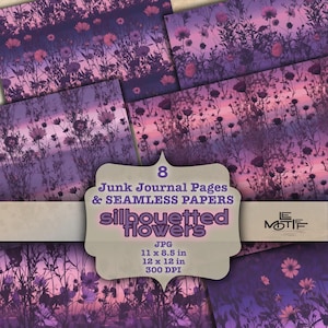 May include: Eight digital paper designs featuring a purple and pink sunset with silhouetted flowers. The papers are 11 x 8.5 inches and 12 x 12 inches, 300 DPI.