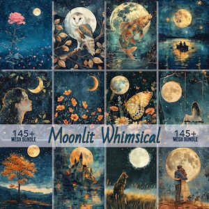 Ensemble numérique lunatique et romantique d'impression d'art au clair de lune, floral, lune, lac, amoureux, hiboux, château, cheval, poisson, papillons, pack de rêve