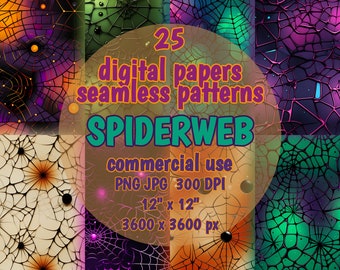 May include: A digital art image featuring 25 seamless spiderweb patterns in various colors. The image includes text that reads "SPIDERWEB" and "12" x 12"" with a resolution of 3600 x 3600 px. The image is for commercial use.