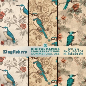 Kingfisher Birds SEAMLESS Patterns Carta digitale stampabile con uccelli verdi blu vintage