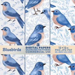 Blaue Vögel SEAMLESS Patterns Printable Bluebirds DIGITAL Papiere Hintergründe