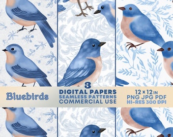 May include: Digital paper set featuring bluebirds in various poses and patterns. The designs include watercolor illustrations of the birds and floral backgrounds. The text on the image reads "Bluebirds", "3 Digital Papers", and "12 x 12 in".