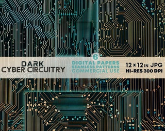 May include: A digital paper pack with 6 seamless patterns of a dark blue and orange circuit board design. The text "DARK CYBER CIRCUITRY" and "DIGITAL PAPERS" is included in the image. The image is 12 x 12 inches and 300 DPI.