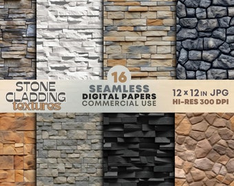 Mixed Stone Walls Arrangements DIGITAL Seamless Patterns - Decorative Stone Cladding Textured Backgrounds - Printable Modern Stonework