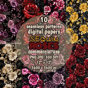 Puede incluir: Diez patrones de papel digital con rosas de lentejuelas rojas, rosas, moradas y doradas sobre un fondo negro. El texto "10 seamless patterns digital papers SEQUIN ROSES commercial use PNG JPG 300 DPI 12" x 12" 3600 x 3600 px" se muestra en la imagen.