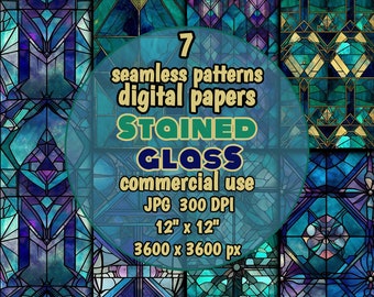 Blue & Green Stained Glass DIGITAL PAPERS Printable Art Deco SEAMLESS Patterns Backgrounds