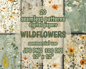 Wildblumen Grunge nahtlose Muster, rustikale Blumen digitales Papier (digitale Dateien)