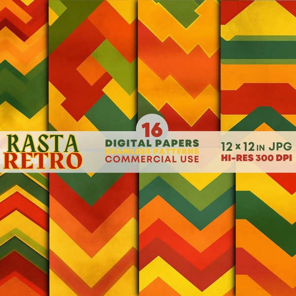 Rasta Retro Digital Papers JPG Printable Green Red Gold Reggae Seamless Patterns