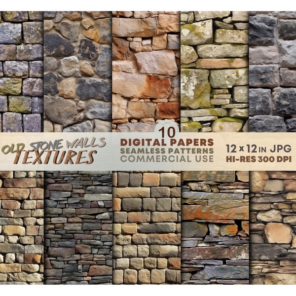Vieux murs en pierre Textures Papiers NUMÉRIQUES Imprimables Pierre patinée SEAMLESS Patterns Arrière-plans