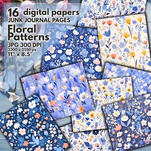 Papiers imprimables bleus floraux fantaisistes, pages de journal indésirables fleurs sauvages délicates modernes, arrière-plans d'art botanique et éphémères de fleurs ludiques