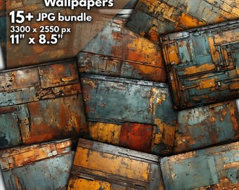 Puede incluir: Una colección de más de 15 fondos de pantalla digitales con láminas de metal oxidado en varios tonos de azul, marrón, naranja y amarillo. Las imágenes son de 3300 x 2550 píxeles y miden 27,9 cm x 21,6 cm.