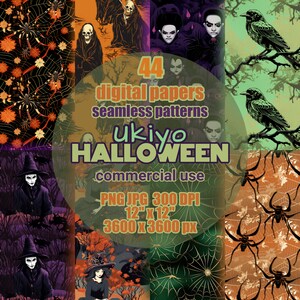 May include: A digital art collection featuring 44 seamless Halloween-themed patterns. The designs include images of spiders, ravens, witches, and skulls. The image also includes the text "Ukiyo Halloween" and "commercial use". The patterns are 12" x 12" and 3600 x 3600 px.