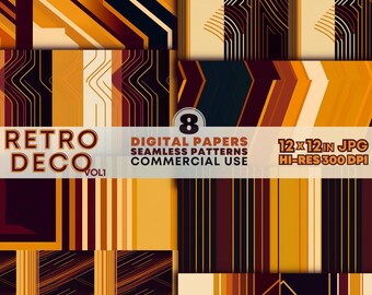Retro Deco Digital Papers Printable 70s Seamless Patterns Backgrounds