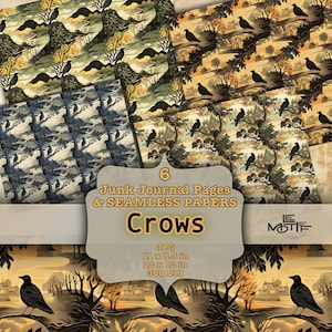 May include: Six digital papers featuring crows perched on branches in a woodland setting. The papers are in a vintage style with a muted color palette of browns, yellows, and blues. The papers are 11 x 8.5 inches and 12 x 12 inches, 300 DPI.