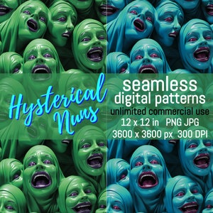 May include: A digital pattern featuring a repeating design of green and blue faces with open mouths and exaggerated expressions. The text "Hysterical Nuns" is in a teal script, with details about the pattern's size and usage.
