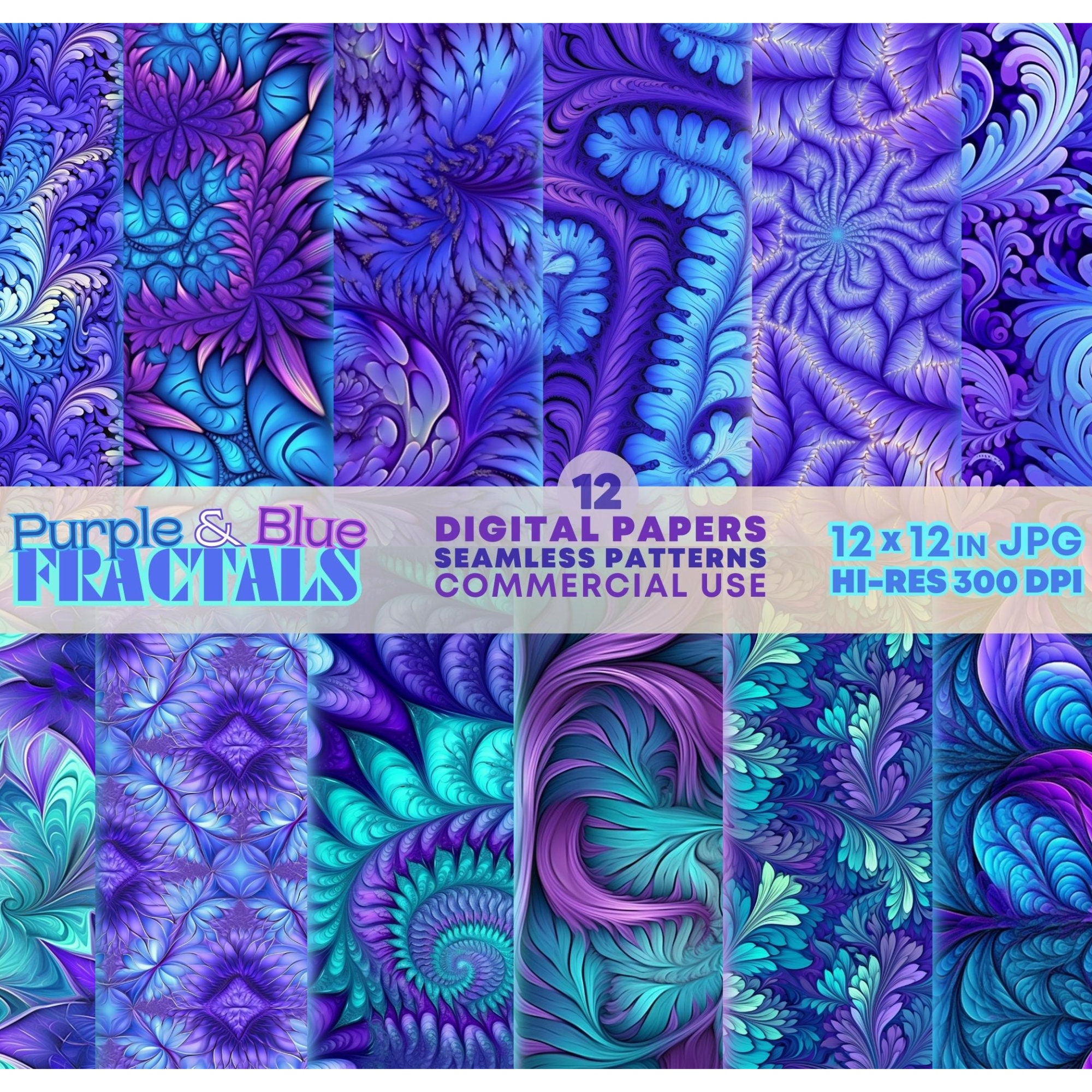 Purple Blue Fractals SEAMLESS Patterns Printable Abstract Geometry ...