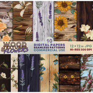 Fondos de tablones de madera desgastada y flores delicadas / Encanto rústico y belleza natural PATRONES SIN COSTURAS / Papeles DIGITALES de estilo rústico vintage