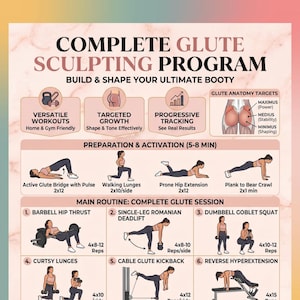 May include: A digital infographic titled COMPLETE GLUTE SCULPTING PROGRAM featuring illustrations of exercise routines. It includes sections for preparation, activation, and a main session with six specific movements like hip thrusts and lunges.
