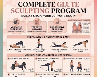 Programme complet de sculpture des fessiers au format PDF, guide de routine d'entraînement des fesses imprimable, plan d'entraînement à domicile pour la salle de sport pour le bas du corps, art mural tracker d'activité physique