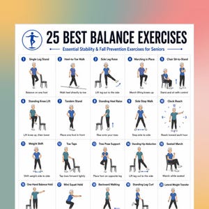 May include: A white instructional poster titled 25 BEST BALANCE EXERCISES, Essential Stability & Fall Prevention Exercises for Seniors. It features numbered illustrations of a person in a blue shirt performing various physical movements with chairs.