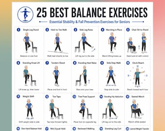 25 Best Balance Exercises for Seniors Printable, Fall Prevention Workout Poster, Stability Training Chart PDF