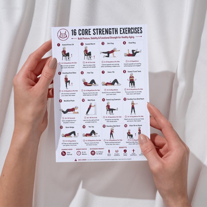 May include: A white instructional chart titled 16 Core Strength Exercises featuring sixteen numbered illustrations of a person performing various fitness movements, including seated and standing exercises, with text descriptions for each activity.
