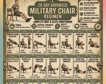 Défi militaire sur chaise de 28 jours, guide de routine d'entraînement sur chaise imprimable, défi de remise en forme complet du corps sans salle de sport, entraînement à domicile pour seniors et débutants