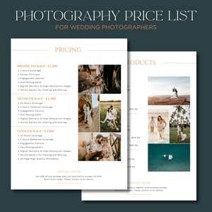Photography Price List Template - Professional Pricing Template For Wedding Photographers, Editable Photography Price Package Template