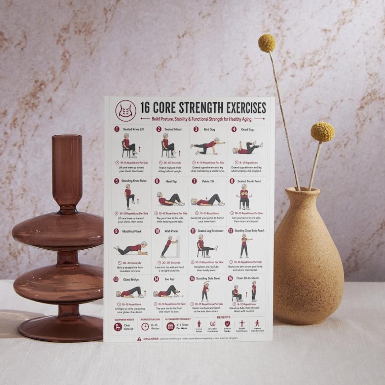 May include: A white rectangular poster titled 16 Core Strength Exercises featuring sixteen numbered illustrations of physical movements with text instructions, positioned between a dark brown glass candle holder and a tan ceramic vase.