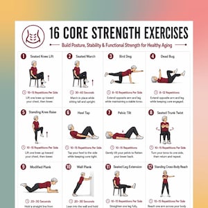 16 Core Strength Exercises Printable, Core Workout Poster, Posture Exercises for Seniors, Balance Training Chart PDF