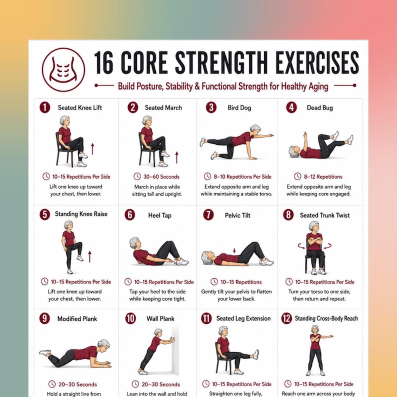 16 Core Strength Exercises Printable, Core Workout Poster, Posture Exercises for Seniors, Balance Training Chart PDF image 1