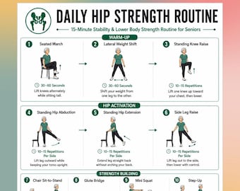 Routine quotidienne de musculation des hanches à imprimer, entraînement de la mobilité des hanches et des fessiers pour les personnes âgées, affiche d'exercices pour le bas du corps PDF