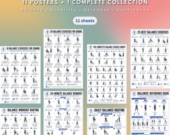 Ensemble d'exercices d'équilibre pour seniors, 11 exercices de prévention des chutes à imprimer, affiches d'entraînement à l'équilibre pour seniors, guide d'exercices de stabilité