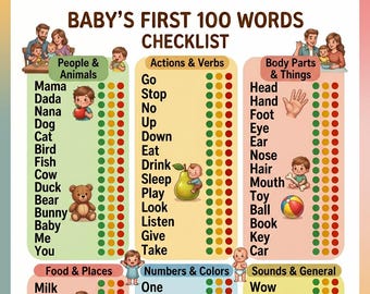 Liste de contrôle des 100 premiers mots de bébé, suivi des jalons du développement de la parole pour tout-petits, graphique d'orthophonie pédiatrique, cadeau pour nouvelle maman