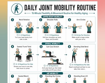 Routine quotidienne de mobilité articulaire imprimable, affiche d'exercices d'assouplissement pour les personnes âgées, entraînement pour l'amplitude des mouvements PDF