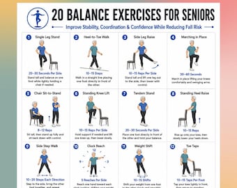 20 exercices d'équilibre pour seniors à imprimer, tableau d'exercices de prévention des chutes, poster d'entraînement de stabilité pour seniors PDF