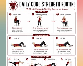 Daily Core Strength Routine Printable, Core & Posture Workout for Seniors, Balance Exercise Poster, 15 Minute Fitness PDF