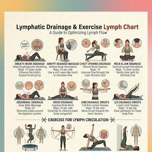 Könnte beinhalten: Ein Lehrplakat mit dem Titel Lymphatic Drainage & Exercise Lymph Chart, das Illustrationen verschiedener Körperpositionen und Massagetechniken zur Optimierung des Lymphflusses zeigt, einschließlich Atemübungen sowie Arm-, Brust-, Hals- und Beinübungen.