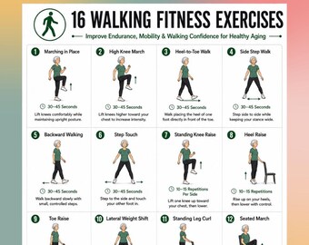 16 exercices de marche de fitness à imprimer, affiche d'exercices de marche pour les personnes âgées, tableau d'entraînement de mobilité et d'endurance PDF