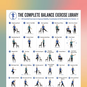 Complete Balance Exercise Library Printable, 40 Balance Exercises for Seniors, Fall Prevention Poster, Stability Training PDF