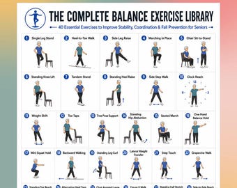 Bibliothèque complète d'exercices d'équilibre à imprimer, 40 exercices d'équilibre pour les personnes âgées, affiche sur la prévention des chutes, entraînement à la stabilité PDF