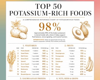 Top 50 des aliments riches en potassium à imprimer, liste d'aliments en potassium, tableau des aliments riches en potassium, affiche de référence nutritionnelle, art mural de cuisine