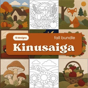Può includere: Una collezione digitale di 12 design Kinusaiga fall bundle con illustrazioni a tema autunnale. Il set include scene colorate a strati con un cottage, una volpe, funghi e cesti di prodotti, insieme a motivi in bianco e nero a linee.