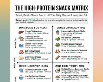 Matrice PDF de collations riches en protéines, macro tracker imprimable du guide alimentaire, tableau de préparation des repas pour salle de sport et fitness, infographie d'art mural cuisine pour une alimentation saine