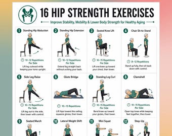 16 Hip Strength Exercises Printable, Hip Mobility Exercise Poster, Glute Strength Workout Chart for Seniors PDF