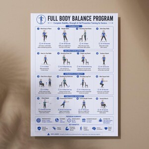 Programma di allenamento per l'equilibrio di tutto il corpo stampabile, poster per l'allenamento dell'equilibrio per anziani, piano di esercizi per la prevenzione delle cadute in formato PDF