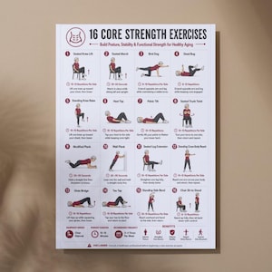 May include: A white instructional poster titled 16 Core Strength Exercises featuring numbered illustrations of a person performing various movements. The chart includes text descriptions, repetition counts, and a section for equipment, duration, and benefits.