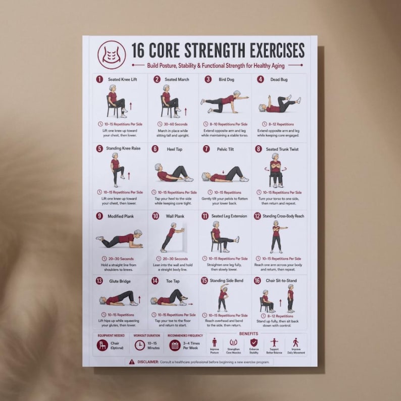 May include: A white instructional poster titled 16 Core Strength Exercises featuring numbered illustrations of a person performing various movements. The chart includes text descriptions, repetition counts, and a section for equipment, duration, and benefits.