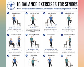 16 Balance Exercises for Seniors Printable, Fall Prevention Exercise Poster, Stability & Coordination Workout Chart PDF