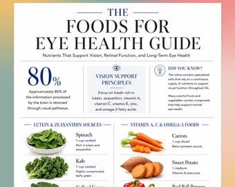 Guide des aliments pour la santé des yeux à imprimer, tableau des aliments sains pour les yeux, affiche de la nutrition de la vue, yeux en bonne santé à imprimer, art mural numérique bien-être